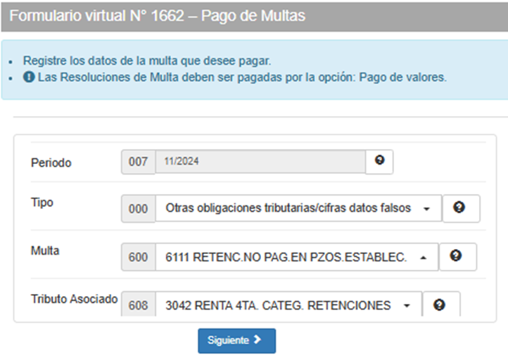 llenado del Formulario Virtual 1622 pago de multa 