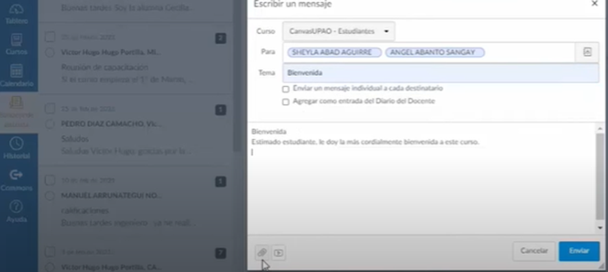 enviar mensaje de canvas